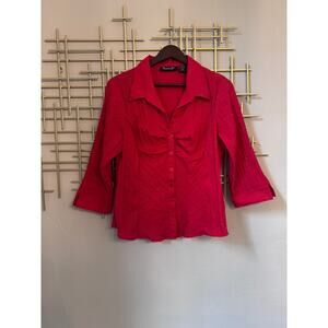 Manhattan Girl Red Shimmer Pleated Blouse 3/4 Sleeve Large